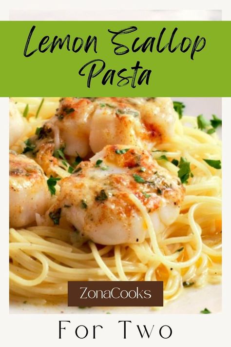 Lemon Scallop Pasta on a plate. Bay Scallops And Pasta Recipes, Dishes With Scallops, Tuscan Scallop Pasta, Linguini And Scallops, Bay Scallop Pasta Recipe, Ravioli With Scallops, Lemon Caper Scallops Pasta, Scallops With Angel Hair Pasta, Scallop Noodle Recipes