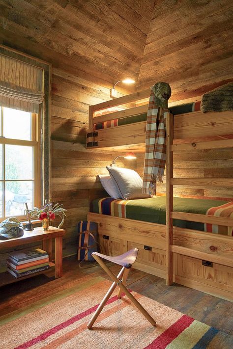 This Couple Renovated a 1,400-square-foot 1950s Cabin in the Spectacular Shenandoah Valley Rustic Bunk Beds, Lodge Bedroom, Fishing Cabin, Cabin Bedroom, Bunk Rooms, Vintage Cabin, Cabin Interiors, Cabin Living, Bunk Room