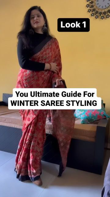 Styling Saree In Winter, Winter Saree Look, Winter Saree, Ajrakh Sarees, Saree Styling, Printed Saree, Diy And Home Improvement, Silk Linen, Office Parties