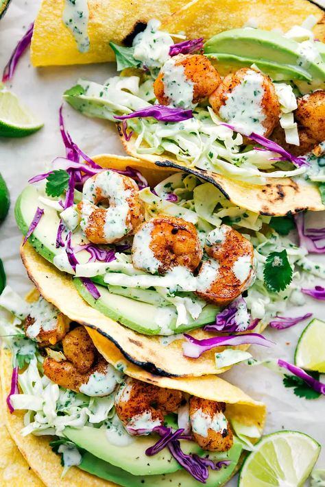 Shrimp Tacos | Chelsea's Messy Apron Quick Guacamole, Seasoned Shrimp, Grilled Shrimp Tacos, Shrimp Tacos Easy, Cilantro Lime Slaw, Shrimp Taco Recipes, Vegetarian Tacos, Healthy Shrimp, Resep Diet