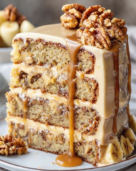 Indulge in this luscious Walnut Banana Caramel Cake! 🍰🍌 A moist, nutty delight topped with dreamy caramel. Perfect for dessert lovers! #Dessert #Baking #Caramel #BananaCake Carmel Banana Pecan Cake, Caramel Banana Pecan Cake, Banana Walnut Cake Recipe, Banana Caramel Cake, Banana Sour Cream Cake, Caramel Banana Cake, Moist Banana Cake, Banana Walnut Cake, Caramel Cake Recipe