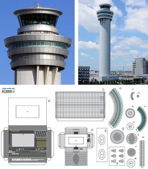 PAPERMAU: Control Tower Of Tokyo International Airport Paper Model In 1/1000 Scale - by Paper Model Studio Apocalypse City, Helicopter Papercraft, Paper Model Architecture, Eiffel Tower Paper Model, Airplane Template, Tesla Cybertruck Papercraft, Paper Airplane Template, Paper Diorama, Free Paper Models 1/64 Scale