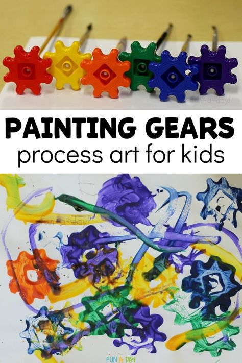 Grab those colorful toy gears during your next robot, construction, or clock theme in your preschool, pre-k, or kindergarten classroom. Click on the Fun-A-Day.com link for more information about this unique process art experience. Art Theme For Preschool, Exploring Arts Preschool Theme, Steam Art Projects Preschool, Building Art Preschool, Pre K Process Art, Race Car Crafts Preschool, Process Art Prek, Exploring The Arts Preschool Theme, Community Helpers Art Preschool