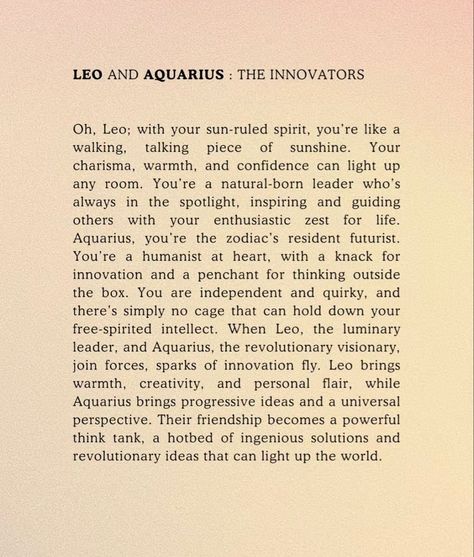 your platonic soulmate based on your zodiac sign leo and aquarius leone e acquario aquario la tua anima platonica in base al tuo segno zodiacale Aquarius Soulmate Zodiac, Aquarius Soulmate, Platonic Soulmate, Astrology Meaning, Leo And Aquarius, Spiritual Awakening Signs, Based On Your Zodiac Sign, Thinking Outside The Box, Can Lights