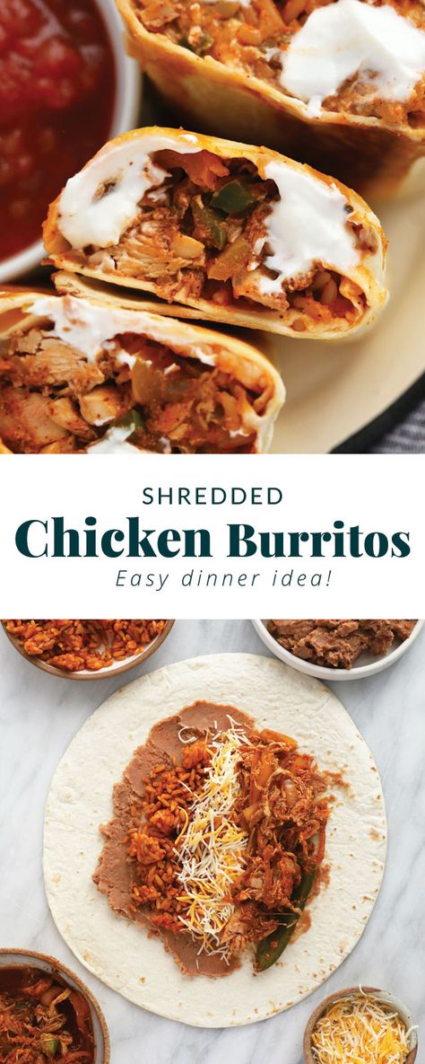 These easy shredded chicken burritos are super flavorful with smothered chicken and fajita veggies, refried beans and Spanish rice. Make a batch and enjoy immediately, or follow our freezer instructions for the ultimate meal prep recipe! Chicken And Bean Burrito Recipe, Spanish Rice Burrito, Chicken Refried Beans Recipes, Make Ahead Chicken Burritos, Chicken Bean Burrito, Chicken And Bean Burritos, Shredded Chicken Burritos, Easy Chicken Burritos, Batch Cooking Freezer