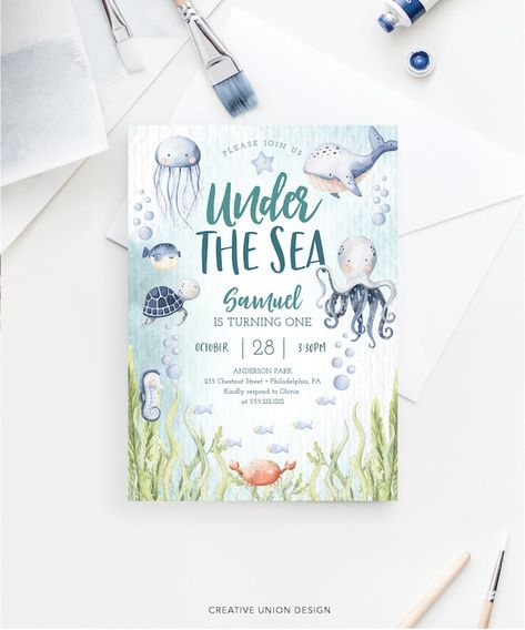 CreativeUnionDesign - Etsy Jellyfish Birthday, Ocean Theme Birthday, Ocean Birthday Party, Ocean Birthday, Under The Sea Birthday, Sea Baby Shower, Sea Birthday, Birthday Invitation Template, Boy Birthday Parties