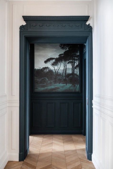 Prussian Blue Color Palette, Teal Entryway, Dark Moody Living Room, Parlor Room, Blue Interior Design, Stairs Architecture, Blue Color Palette, House Front Door, Prussian Blue