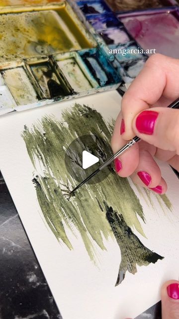 Ann Garcia | watercolor • art • design on Instagram: "I just love willow trees, and I’m excited to see them leaf out this spring! 💚 IG recommended this audio by @fabricesotton and it is the perfect accompaniment. Thank you for this beautiful music, Fabrice. 🌸  Notes: White space is critical in watercolor because that’s where the light and highlights come through. In this reel, I intentionally left white spaces between some brush strokes in order to allow light through the tree. This open space provides an opportunity to see through the tree and then create tree limbs. In nature, most trees have open spaces where light comes through, especially when trees are older (like this old willow that I painted today). If you find the you consistently create dark watercolor paintings that lack ligh Watercolor Willow Tree Tutorial, Willow Tree Watercolor Painting, Trees In Watercolour, Diy Willow Tree, Painting Willow Tree, Watercolor Trees Tutorial, Willow Tree Watercolor, Watercolor Art Tree, Watercolor Willow Tree