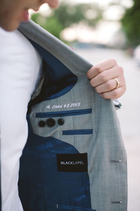 Personalize your Groom's Attire with a unique custom monogram! Include you and your fiances initials on the first line and the date that you say "I do" on the second line.   When your photographer is ready to take those close ups of your wedding details, this is one way to stand out from the crowd!     Visit our blog the Compass https://blacklapel.com/thecompass/how-to-monogram-your-custom-suit/ to learn more about monogramming your suit! Pear Photo, Suit Lining, Groom And Groomsmen Outfits, Colette Patterns, Blazer Outfits Men, Tailoring Details, Fashion Design Template, Gents Kurta, Tailoring Techniques