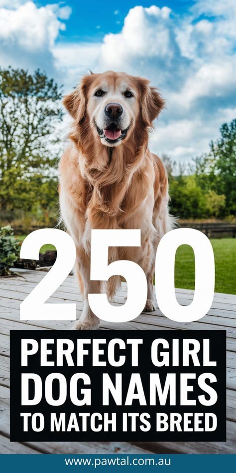 250 perfect names for your female pup!  From classic to cute to quirky, find the ideal name for your Golden Retriever, Labrador, Poodle, and more.  Get inspired now!  🐶🐾  Includes:
* Popular names
* Unique names
* Breed-specific suggestions
Find your perfect match! Golden Retriever Puppy Names Female, Strong Dog Names Girl, Female Golden Retriever Names, Golden Retriever Girl Names, Girl Dogs Name, Female Dog Names Unique List, Female Dog Names List, Preppy Dog Names, Girl Puppy Names Unique