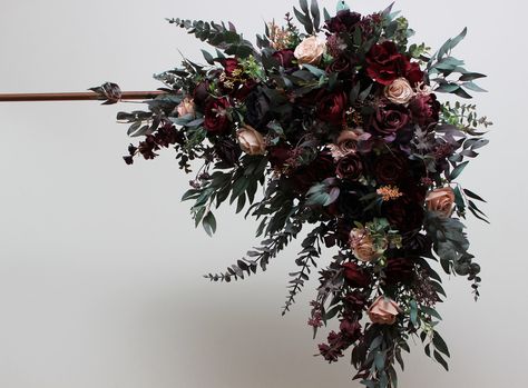 Faux Flowers Wedding, Arch Arrangement, Black Bouquet, Arrangement Flower, Flower Tie, Arch Flowers, Purple Burgundy, Burgundy Flowers, Floral Arch