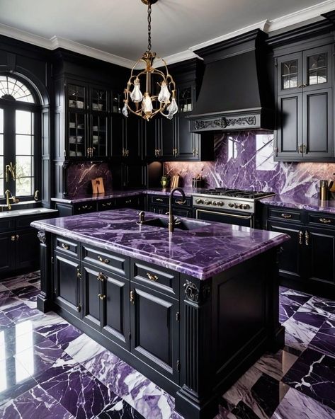 Kitchen With Black Cabinets, All Black Kitchen, Kitchen With Marble, Black Kitchen Design, Gothic Kitchen, Modern Black Kitchen, Black Granite Countertops, Black Kitchen Island, Gothic Furniture