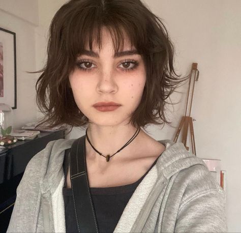 Short Haircuts For Women Wolfcut, Mullet Hairstyle Women With Bangs, Cute Short Hair With Bangs Hairstyles, Fem Nonbinary Haircuts, Shaggy Short Hair With Bangs Straight, Chunky Bangs Short Hair, Short Hair Inspo Layers Bangs, Micro Bangs Short Hair Round Face, Short Cute Haircuts With Bangs