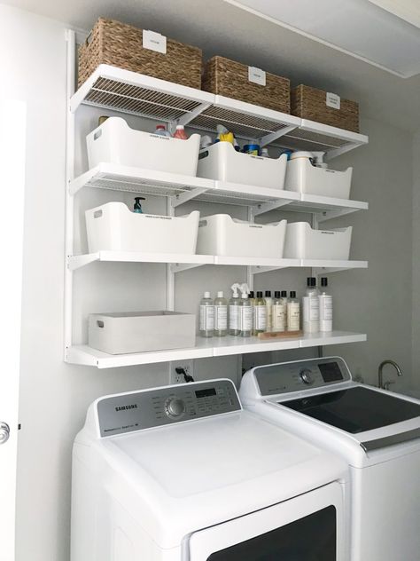 Laundry Room Shelving Ideas Storage, Laundry Room Adjustable Shelves, Laundry Room Closet Shelves, Pantry Shelves In Laundry Room, Simple Small Laundry Room Makeover, Laundry Room Shelf Storage, Boaxel Laundry Room, Laundry Shelf Organization, Small Laundry Room Shelves