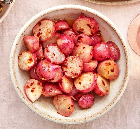 Cooked Radishes, Air Fryer Radishes, Smashed Peas, Radish Recipes, Red Onion Salad, Bbc Good Food, Side Dish Recipes Easy, Bbc Good Food Recipes, Healthy Sides