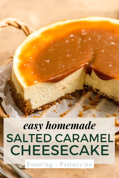 This easy homemade cheesecake with salted caramel is so smooth, delicious and easy to make! It has salted caramel sauce in the cheesecake batter and slathered on top. You can use either store bought or homemade caramel, either way you can't go wrong! Sea Salt Caramel Cheesecake Recipe, Cheesecake With Caramel Topping, Sea Salt Caramel Cheesecake, Cheesecake Factory Salted Caramel Cheesecake, Caramel Cheesecake Topping, Easy Salted Caramel Cheesecake, No Bake Salted Caramel Cheesecake Bars, Carmel Cheesecake Topping, Dessert With Caramel Sauce