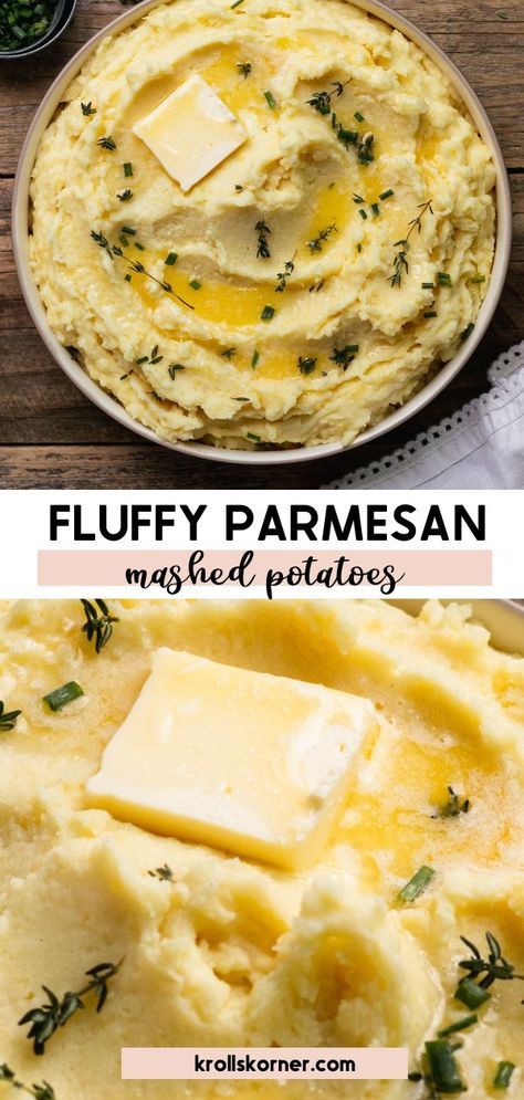 mashed potatoes in a bowl garnished with thyme and a pad of butter Mashed Potatoes Heavy Cream, Ultra Creamy Mashed Potatoes, Parmesan Potato Recipe, Parmesan Mashed Potatoes, Whipped Potatoes, Parmesan Cream Sauce, Creamy Mash, Making Mashed Potatoes, Creamy Parmesan