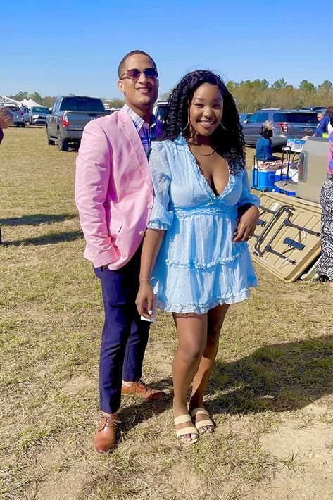 Black couple with woman in a light blue dress and man in a pink jacket and navy pants Couples Coordinating Outfits, Light Pink Jacket, Best Summer Dresses, Flowy Mini Dress, Amazon Dresses, Coordinating Outfits, Light Blue Dresses, Ruffle Long Sleeve, Pink Jacket