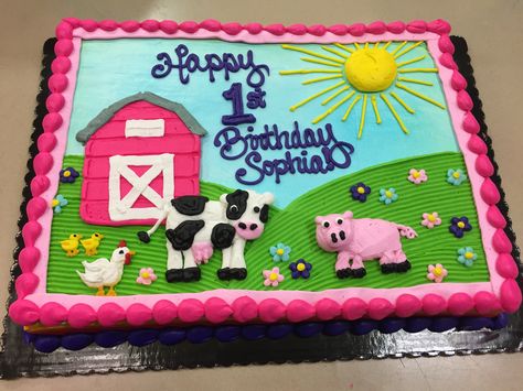 Farm Animal Cakes For Kids, Barnyard Animal Cake, Moo Moo I’m Two Birthday Cake, Pink Barnyard Cake, Oink Cluck Moo 2nd Birthday, Animal Cakes For Kids, Oink Moo Cockadoodle Two Birthday, Barnyard Sheet Cake Ideas, Oink Moo Cockadoodle Doo Birthday Cake