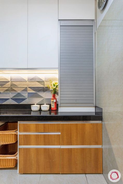 crescent-bay-parel-kitchen-roller-shutter-wicker-baskets Latest Modular Kitchen Design, Kitchen Shutters, Flat Interior Design, Simple Kitchen Design, Kitchen Modular, Modern Kitchen Cabinet Design, Modern Kitchen Interiors, Kitchen Design Modern Small, Kitchen Interior Design Decor