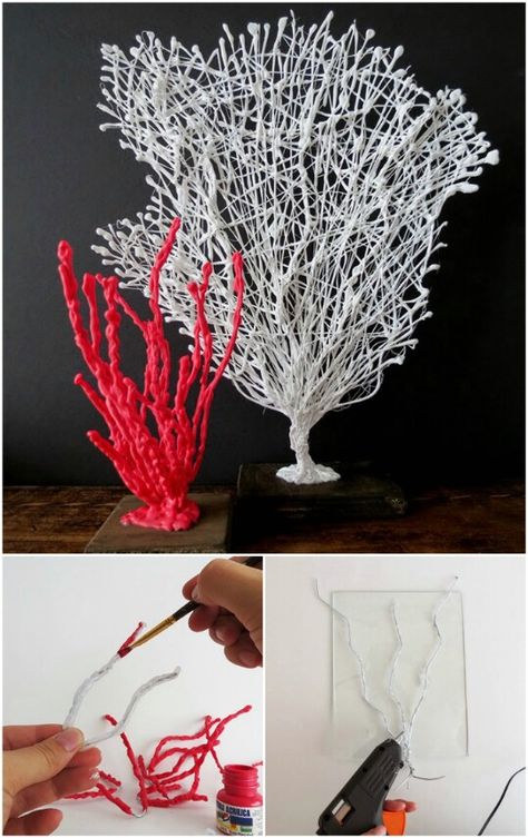 So many creative and fun ways to use a hot glue gun in DIY crafts. Diy Coral, Deco Marine, Diy Glue, Diy Beach Decor, Beach Inspired Decor, Glue Art, Coral Decor, Fun Crafts To Do, Glue Crafts