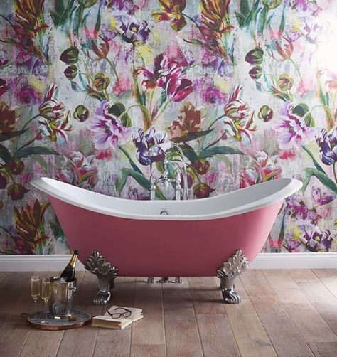 A pink freestanding tub and champagne? Don’t mind if we do! @heritagebathrooms have created this beautiful space using simply a free standing tub and a stunning floral wallpaper! #loverenovate #renovate #renovatedhome #renovationlife #renovationproject #homeextention #beforeandafter #renovation #renovatingyourhome #renovatingonabudget #homerenovations #buildingahome #loverenovation #interior #interiordesign #myhousethismonth #myrenovationproject #bathroominspo #bath #freestandingtub Pink Bath Tub, Pink Bathrooms Designs, Heritage Bathroom, Cast Iron Bath, Slipper Bath, Double Ended Bath, Shower Over Bath, Pink Baths, Victorian Bathroom