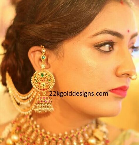 Big Bridal Earrings, Beaded Wedding Jewelry, Ear Cuff Jewelry, Ear Chain, Gold Wedding Jewelry, Kundan Earrings, Gold Jewellery Design Necklaces, India Jewelry, Gold Necklace Designs