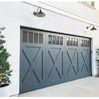 Blue Garage Door Ideas and Inspiration | Hunker Blue Garage Door, Grey Garage Doors, Garage Door Ideas, Blue Garage, Garage Door Colors, Double Garage Door, Garage Door House, Farmhouse Garage, Garage Door Styles