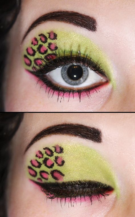 Green and pink leopard eyeshadow by Creativemakeup.deviantart.com Green Scene Makeup, Cheetah Eyeshadow, Leopard Eyeshadow, Scene Makeup Looks, Green And Pink Makeup, Pink And Green Makeup, Rosa Make-up, Venus Mcflytrap, Make Up Designs