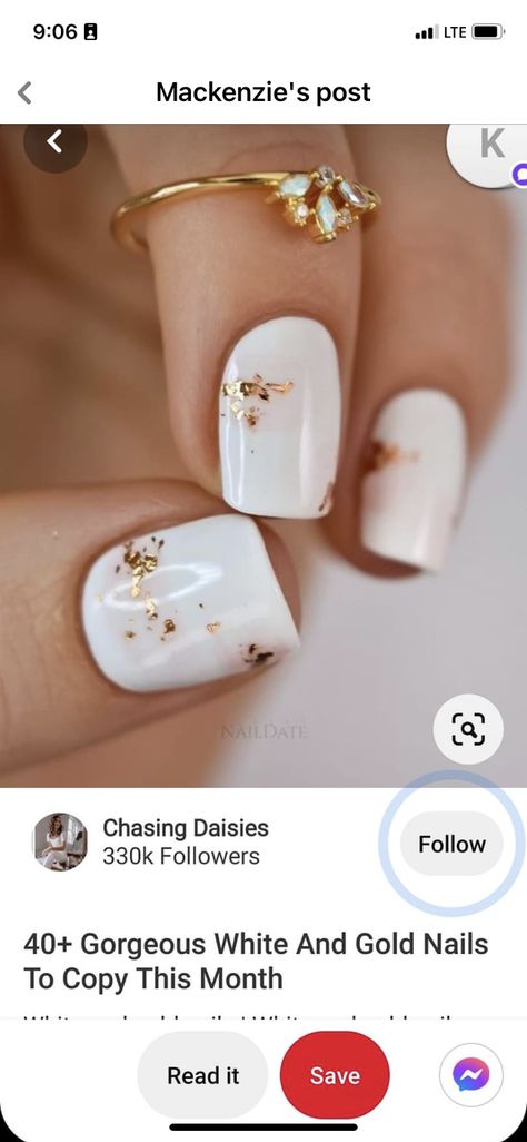 Nails With Gold Leaf, Bachelorette Party Nails, Bridal Shower Nails, Bachelorette Nails, Ivory Nails, Fall Wedding Nails, White Nails With Gold, Nails With Gold, Bridesmaids Nails