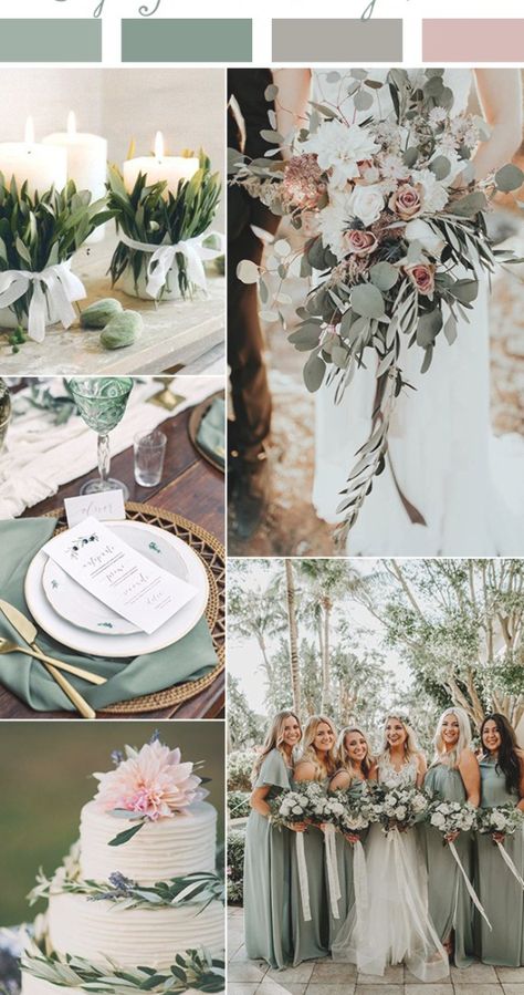 October Wedding Colors, Sage Green Wedding Theme, Sage Green And Pink, Sage Wedding Colors, Sage Green Wedding Colors, Wedding Theme Color Schemes, Pink Green Wedding, Dusty Pink Weddings, Pink Wedding Colors