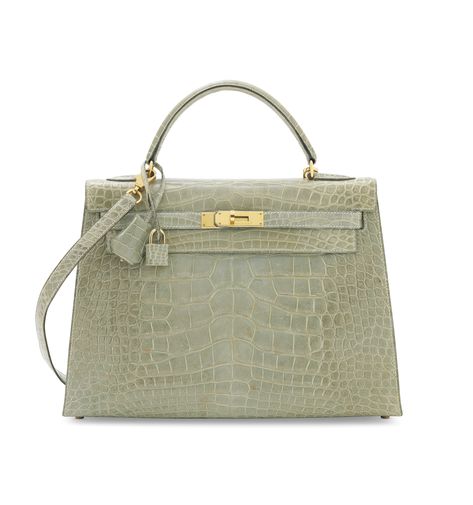 A RARE, SHINY VERT CÉLADON ALLIGATOR SELLIER NATURA KELLY 32 WITH GOLD HARDWARE | HERMÈS, 1998 | 20th Century, bags | Christie's Kelly 32, Dream Bags, Luxury Bags Collection, Hermes Kelly Bag, Girly Bags, Kelly Bag, Luxury Purses, Fancy Bags, Pretty Bags