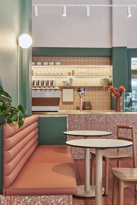 Pink Terrazzo Floor, Fibonacci Stone, Green Painted Walls, Banquet Seating, Australian Interior Design, Interior Design Awards, 카페 인테리어 디자인, Terrazzo Flooring, Installation Design