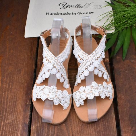 Boho Wedding Shoes, White Lace Flat Sandals, Leather Bridal Shoes, Beach Wedding, Holiday Shoes by YvollaShoes on Etsy Boho Reception Dress, Wedding Shoes Boho, White Wedding Sandals, Lace Wedding Sandals, Country Wedding Shoes, Bohemian Wedding Shoes, Wedding Flats For Bride, Boho Bridesmaids, Bridal Flat Sandals