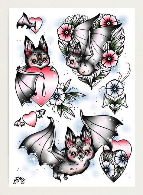 Girly Bat Tattoo, Cute Bat Tattoo Design, Heart Bat Tattoo, Bat With Flowers Tattoo, Draculaura Tattoo Ideas, Cutsy Tattoos, Bat Tattoo Flash, Cute Kitten Art, Valentines Flash