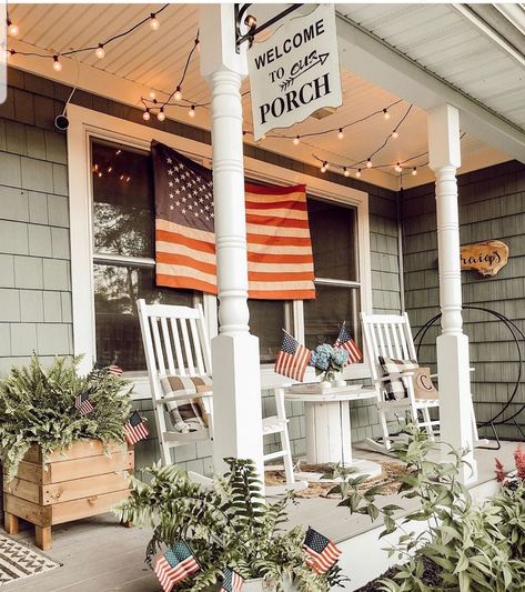 Fourth Of July Friends, Farmhouse Front Door, Country Porch, Fourth Of July Decor, Vintage Farmhouse Decor, Happy Fourth Of July, Festive Holiday Decor, Front Porch Decorating, Patriotic Holidays