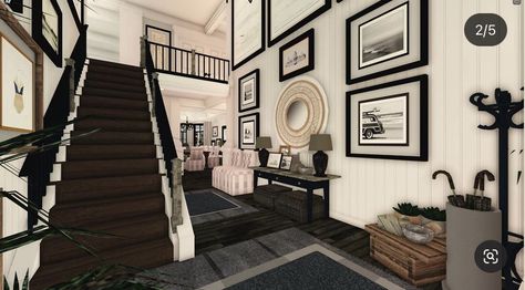 Bloxburg House Stairs, Bloxburg Bedroom Ideas Traditional, Suburban House Bloxburg Interior, Bloxburg Modern Foyer, Bloxburg House Ideas Outside 2 Story, Bloxburg Dinning Room Ideas Modern, Bloxburg Enterence Ideas, Luxury House Bloxburg, Bloxburg Interior Ideas Realistic