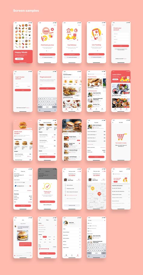 Happy Meals Food Delivery App UI Kit is a pack of delicate screen templates and set of UI elements that will help you to design clear interfaces for iOS mobile app faster and easier. File includes all recent Sketch App features such as Symbols or Components, Overrides, Resize Options, Text, and Layer Styles. #ui #ui kit #ui design Best App Design, Kids App Design, Creative App Design, Delivery App Ui, Social App Design, Health App Design, Music App Design, Restaurant App, Event App