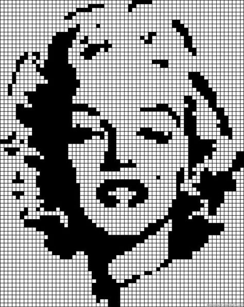 Marilyn Monroe cross stitch pattern, 62x76,All needed beads: 4712 beads Crochet Pattern Graph Charts, Pixel Art Famous Painting, Pixel Art Black And White, Graph Crochet, Easy Pixel Art, Pixel Drawing, Pixel Crochet, Pixel Art Grid, Tapestry Crochet Patterns