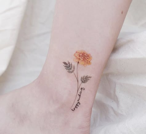 Marigold Ankle Tattoo, Yellow Flower Tattoo, Yellow Flower Tattoos, 2022 Tattoo Ideas, Mehendi Tattoos, Mother Daughter Tattoo Ideas, Grandma Tattoo, Daughter Tattoo Ideas, Tattoos For Dad