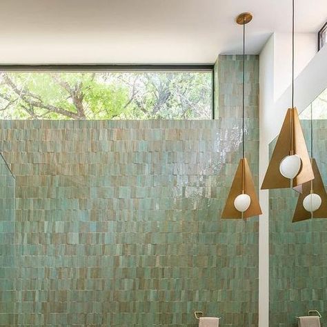 Zia Tile on Instagram: "Multifaceted, multi-tonal, and made by 🖐️ Our hyper-dynamic trapezoid zellige shimmers in a million tones of green, blue, aqua, and earth. Seen here in Tidepool paired with our super neutral Glazed Earth 4x4 on the floor. Design by @thehuntertipps 📸 by @_leonidfurmansky" Trapezoid Zellige, Zia Tile, Zellige Tile, Tide Pools, Green Tile, Floor Design, On The Floor, Tile Bathroom, The Floor