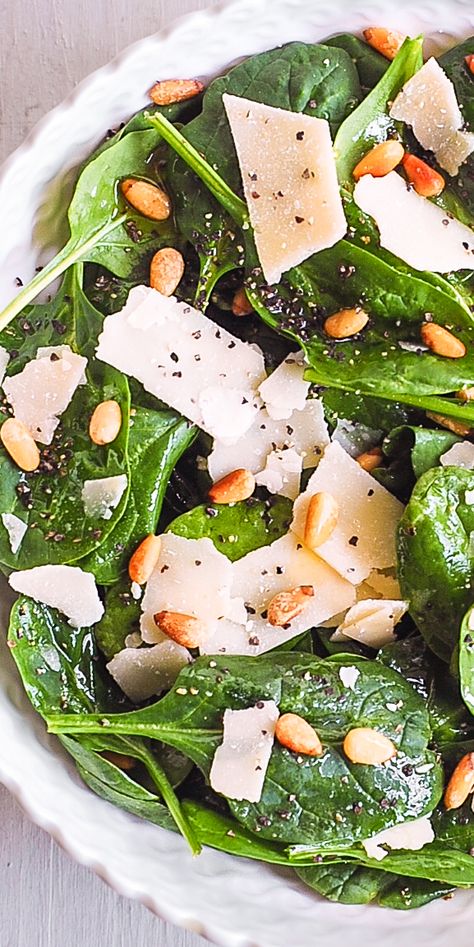 Spinach Salad Salad With Pine Nuts Healthy, Veg Salads, Easy Homemade Salad Dressing, Simple Spinach Salad, Pine Nuts Salad, Parmesan Salad, Lobster Dinner, Keto Eating, Spinach Salad Recipes