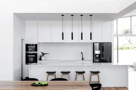 White Kitchen Black Appliances, Kitchen Cabinets With Black Appliances, Black Dining Room Sets, Black Fridge, Plywood Door, Black Fridges, Black Appliances Kitchen, White Fridges, Solid Wood Kitchen Cabinets