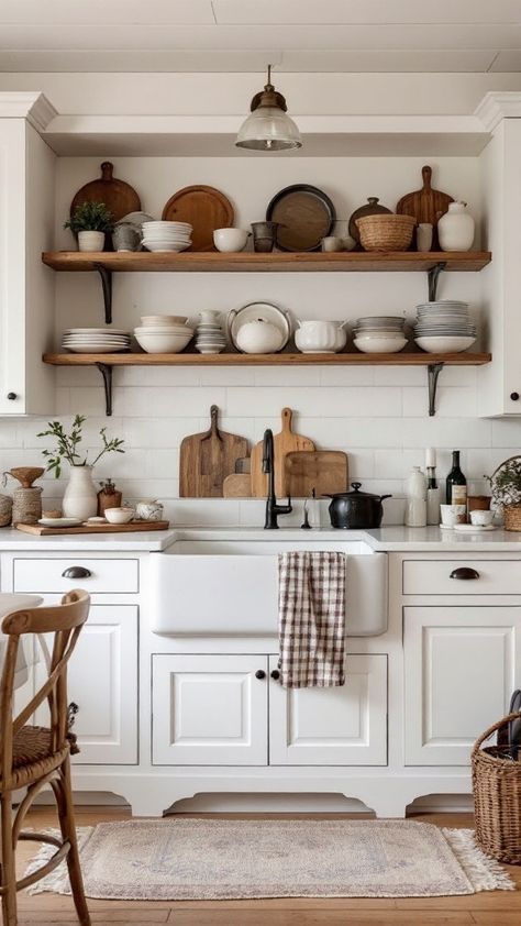 Explore cozy French country kitchens that balance rustic charm with timeless beauty 🪴🍽️. Perfect for making your home feel inviting! Antique Kitchen Decor Ideas, Cottage Kitchen White Cabinets, Rustic Farmhouse Kitchen Decor Ideas, Nancy Meyers Aesthetic Kitchen, Old French Aesthetic, Country Kitchen Renovation, French Countryside Kitchen, Cowgirl Kitchen, Cozy Farmhouse Kitchen