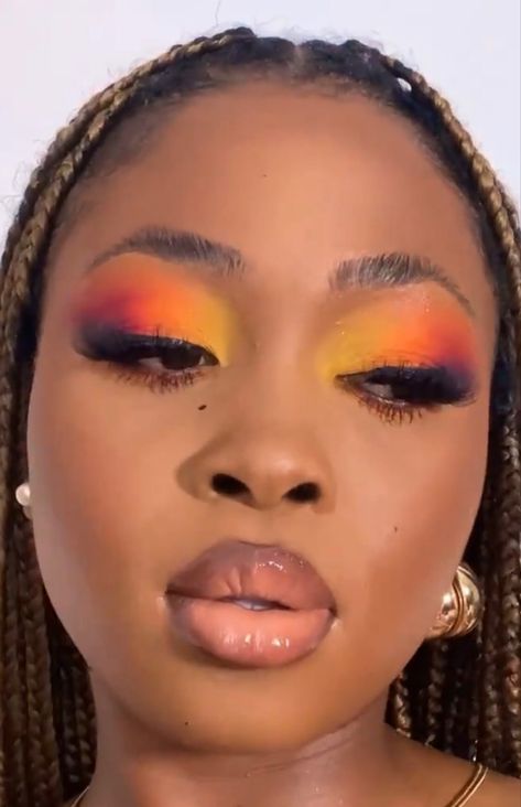 Deep Winter Color Palette Black Women, Purple Orange Makeup Look, Sunrise Eyeshadow Looks, Pink Sunset Eyeshadow Looks, Pink And Yellow Makeup Looks, Orange Eyeshadow Looks Black Women, Pink And Orange Eyeshadow Looks, Vibrant Eyeshadow Looks, Orange Purple Eyeshadow