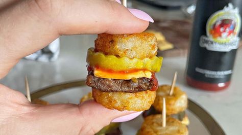 Easy, Sharable, Delicious: Tater Tot Sliders Tot Sliders, Cheese Pickles, Burger Bites, Big Burgers, Pickle Chips, Mini Burgers, Tater Tots, Beef Patty, Steak Seasoning