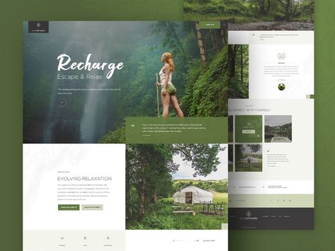 Eco Retreats Homepage Concept by Anna Karatcheva | Dribbble | Dribbble Nature Website Design Inspiration, Nature Inspired Website Design, Retreat Website Design, Landscaping Website Design, Natural Website Design, Eco Website Design, Healing Website Design, Nature Web Design, Brand Pallete