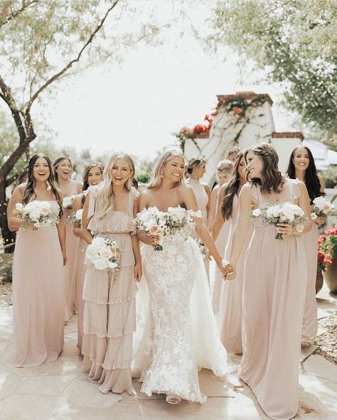 Light Coloured Bridesmaid Dresses, Mood Boards Wedding Colour Palettes, Chiffon Champagne Bridesmaid Dresses, Neutral Pink Bridesmaid Dresses, Mountain Bridesmaid Dresses, Beige Wedding Party, Wedding Champagne Color, Kennebunkport Wedding, Tan Bridesmaids