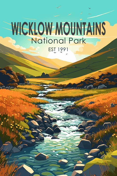 Retro art poster of Wicklow Mountains National Park showcasing serene beauty and untamed wilderness. Wicklow Mountains National Park, Wicklow Mountains, National Parks America, Park River, County Wicklow, Vector Art Design, River Art, National Park Posters, Park Art