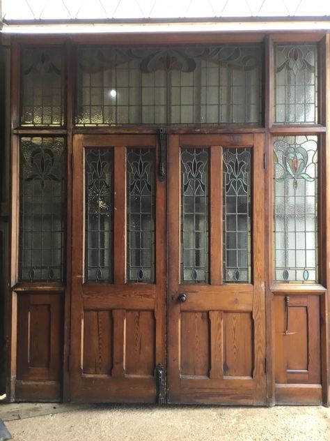 Grand 18th Century Chapel Double Doors w Stained Glass - Authentic Reclamation Stained Glass Doors Entrance Victorian, Vintage Glass Front Door, Stained Glass Wooden Door, Stained French Doors Interior, Victorian Sliding Doors, English Farmhouse Doors, Leaded Glass French Doors, Double Dutch Front Door, Stained Glass Entry Doors